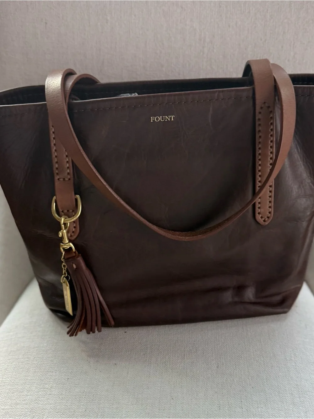 Fount Brown Leather Tote Bag with Tassel